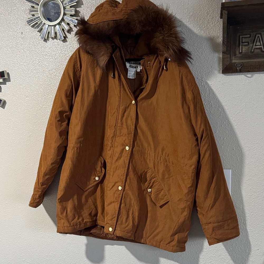 Women's Brown Puffer Jacket with Faux Fur Hood